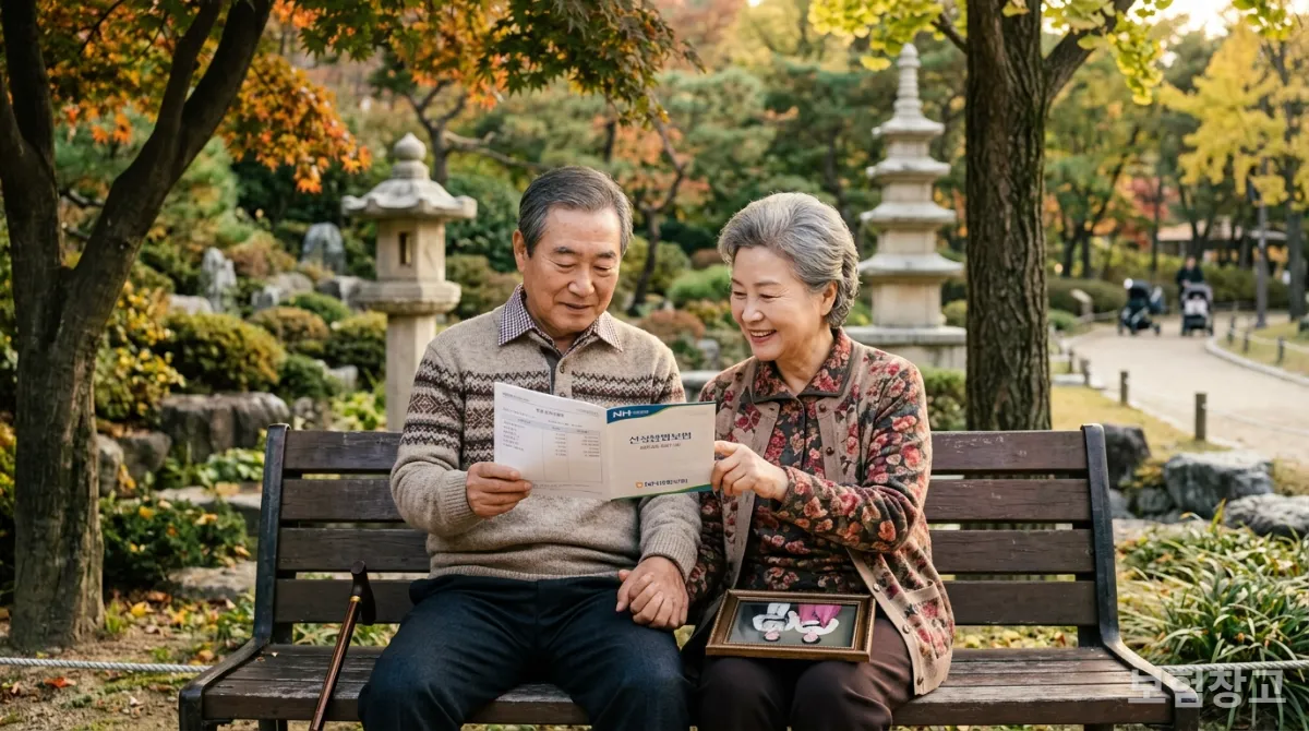 70대 한국인 노부부가 공원에서 종신보험 유동화 제도를 통해 노후 자금을 활용하는 것에 대해 이야기하는 모습