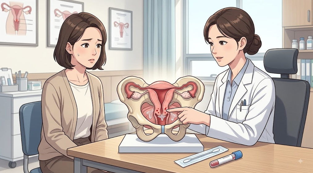 비정상 분비물과 출혈 동반 시 자궁경부 진찰을 설명하는 산부인과 상담 일러스트