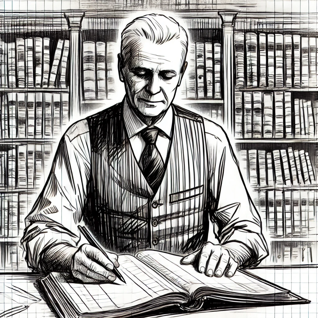 A croquis-style sketch of a senior man in a library