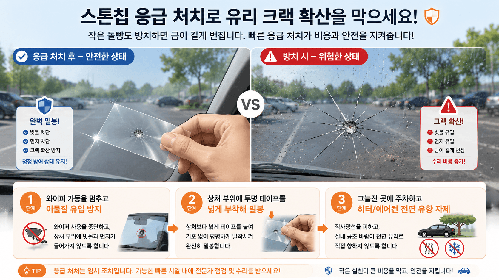 자동차 전면 유리에 발생한 스톤칩 상처 부위를 정교하고 침착하게 응급 처치하는 살림 전경 이미지