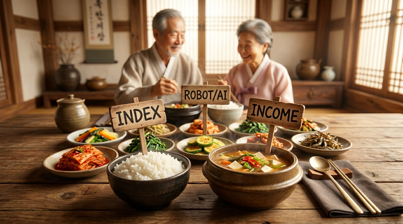 정갈하게 차려진 은퇴자용 '5첩 반상' 식탁. 밥그릇(지수), 국그릇(인컴), 반찬(로봇/AI) 팻말이 꽂혀 있는 따뜻한 감성의 3D 일러스트