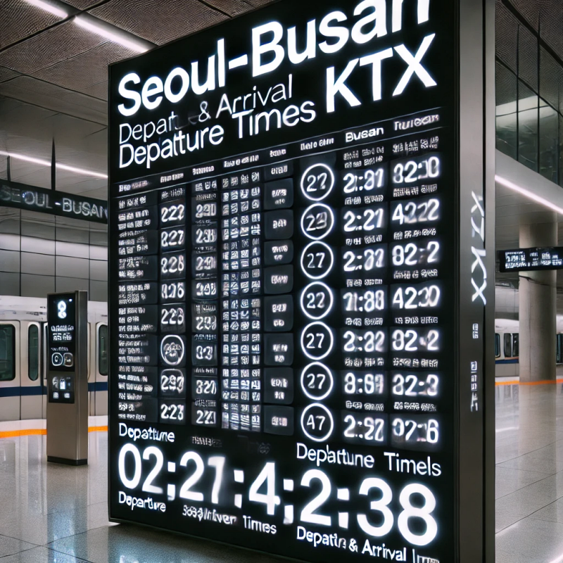 서울-부산 KTX 시간표를 보여주는 디지털 디스플레이