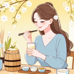 beautiful woman enjoying delicious Makgeolli