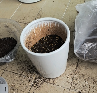 화분에 흙을 반정도 채워주었어요.