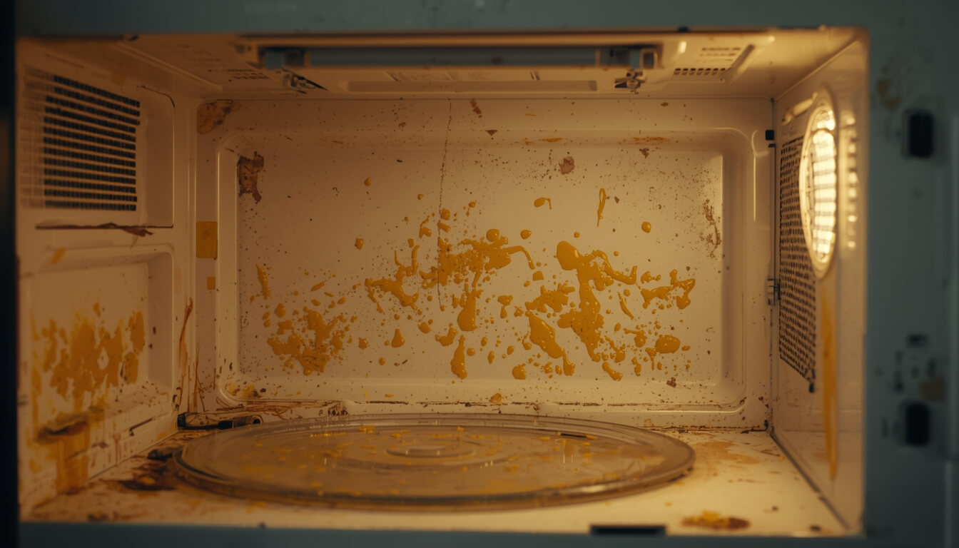 음식물 찌꺼기와 기름때가 말라붙어 지저분한 전자레인지 내부 모습