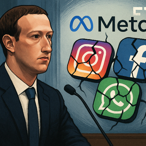 마크 저커버그가 법정에 출석하는 장면과 함께 인스타그램, 왓츠앱, 페이스북 아이콘이 갈라지는 에디토리얼 일러스트 이미지