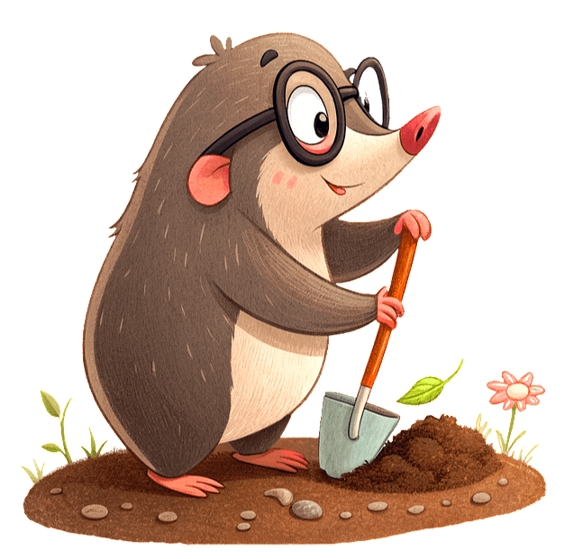 검정 안경을 쓴 고동색 두더지가 삽을 들고 흙을 파서 꽃을 심는 그림이다.