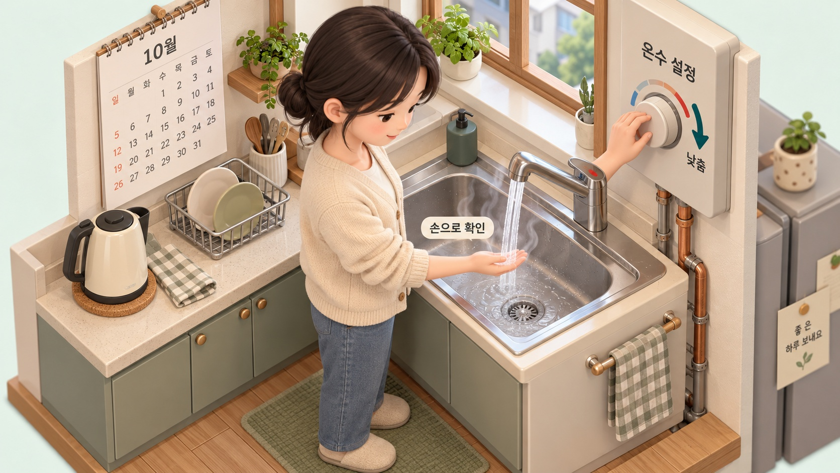 수도꼭지에서 나오는 물에 손을 대 보는 장면