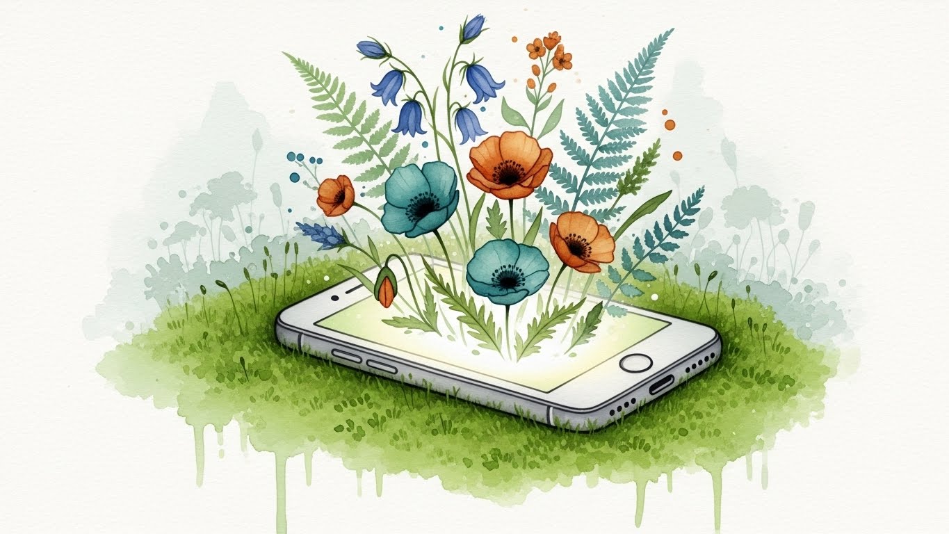 스마트폰 앱을 통해 간편하게 추후납부를 신청하고 건강한 미래를 꽃피우는 과정을 묘사한 2D 벡터 이미지