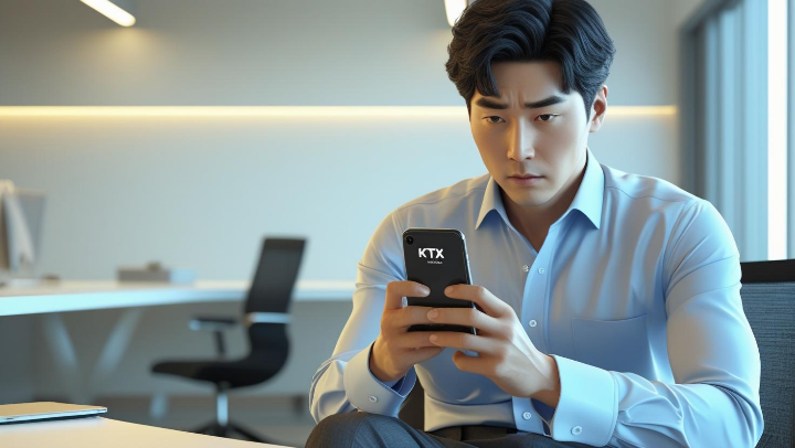 스마트폰으로 KTX 앱을 보며 고민하는 직장인의 모습