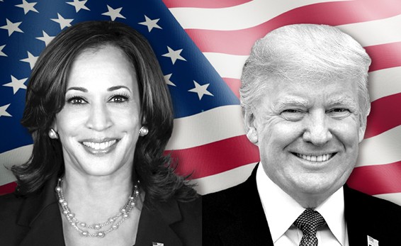 미국-국기-배경에-대선-후보인-해리스와트럼프가-활짝-웃고있는-사진입니다.