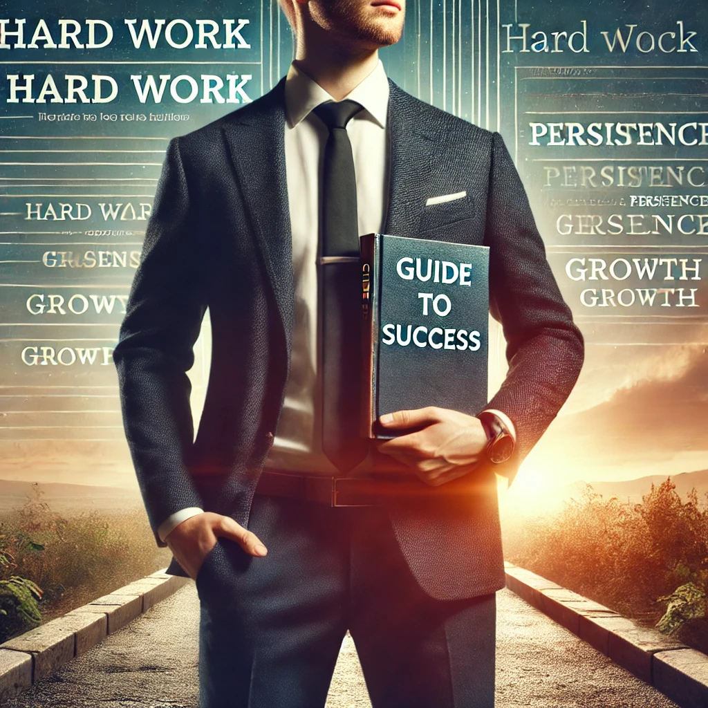 정장을 입은 남자가 성공을 위한 가이드북을 들고 서 있는 사진