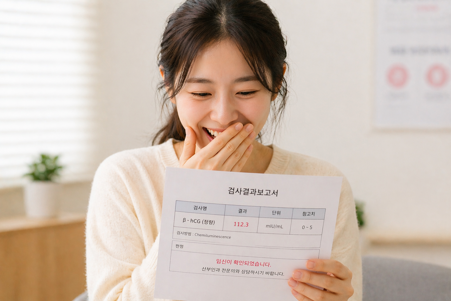 시험관 피검사 후 임신 확인에 기뻐하는 모습