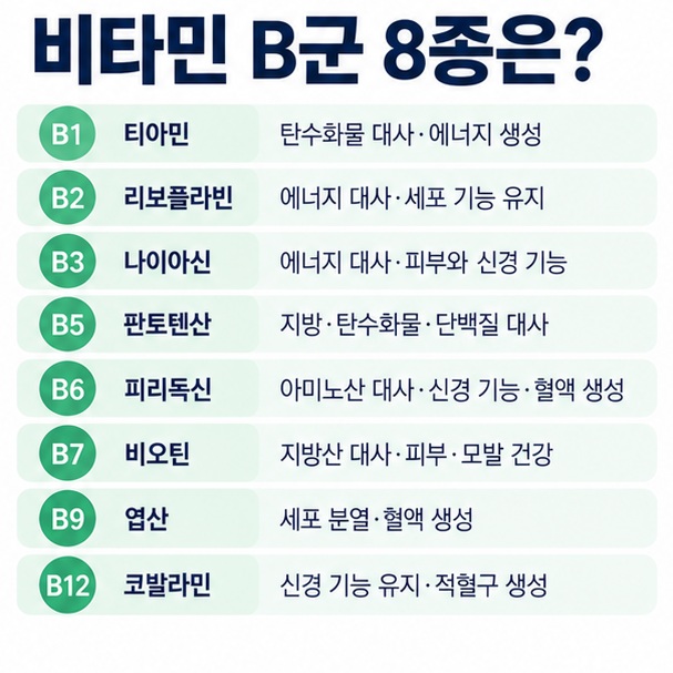 비타민 B1 B2 B3 B5 B6 B7 B9 B12의 이름과 에너지 대사 신경기능 혈액 생성 역할을 정리한 인포그래픽