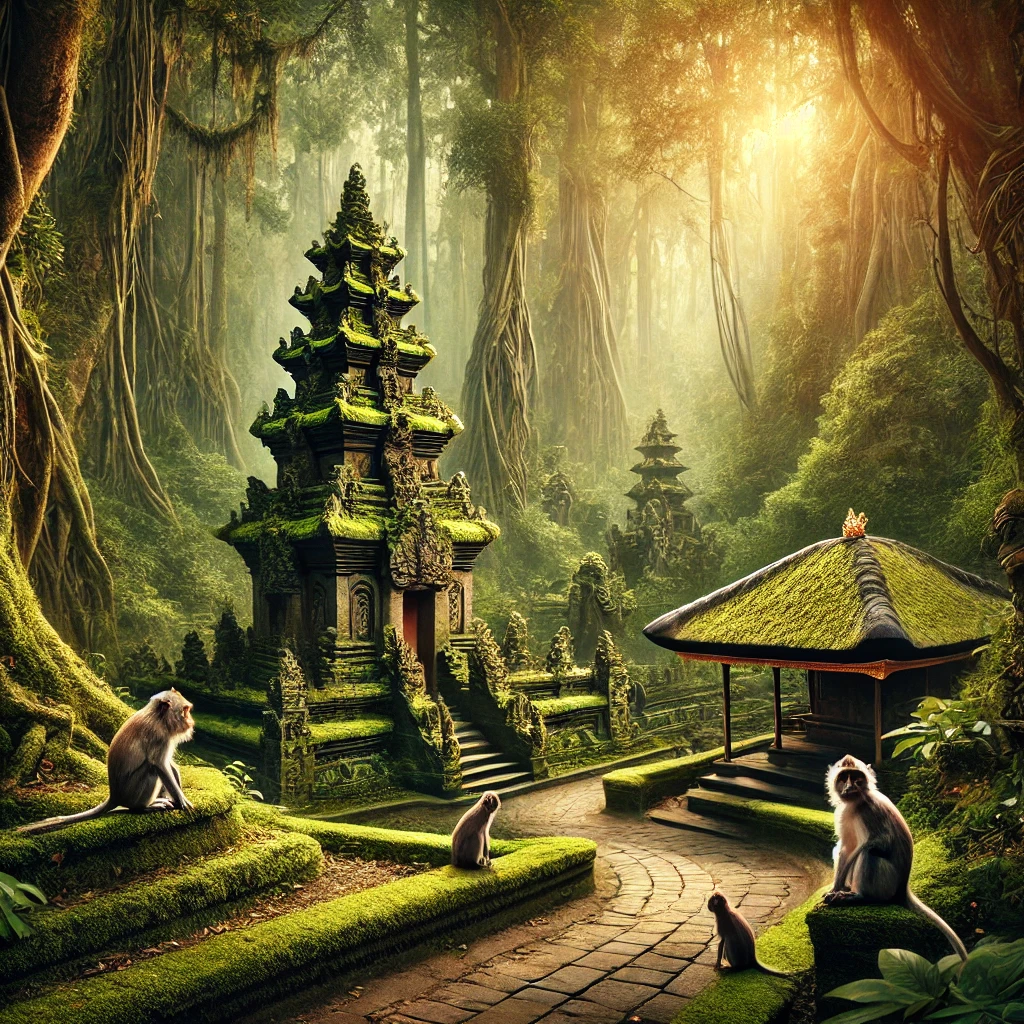 우붓 몽키 포레스트의 울창한 숲속과 신비로운 사원의 모습