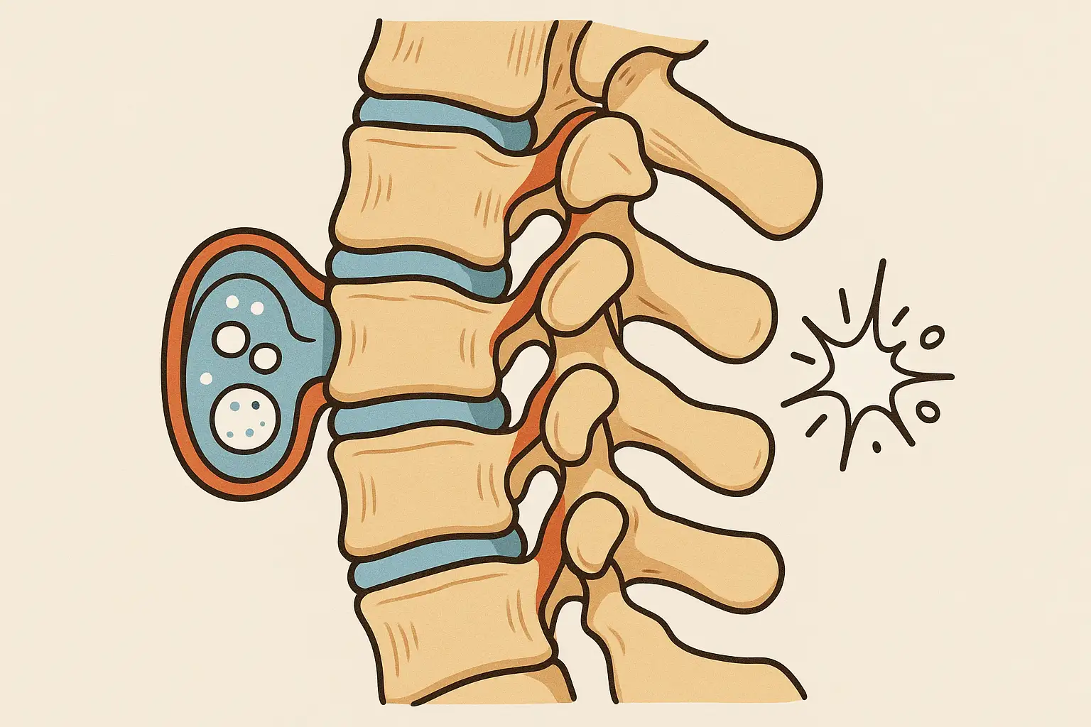 경추 해부학 단면 일러스트, 7개의 목뼈와 후관절 구조를 강조, 관절 내 기포가 형성되고 터지는 모습