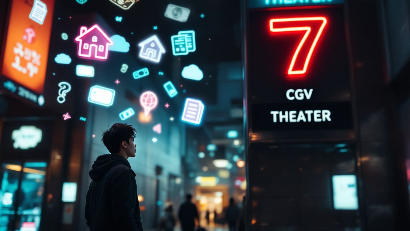 CGV 극장 7번방 앞에서 대출, 금융, 집 문제를 고민하는 20대 청년 – 청년 대출 정보와 현실을 상징하는 일러스트