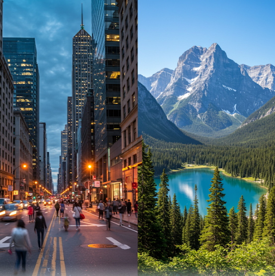 도시 여행 과 자연 여행 비교 그림