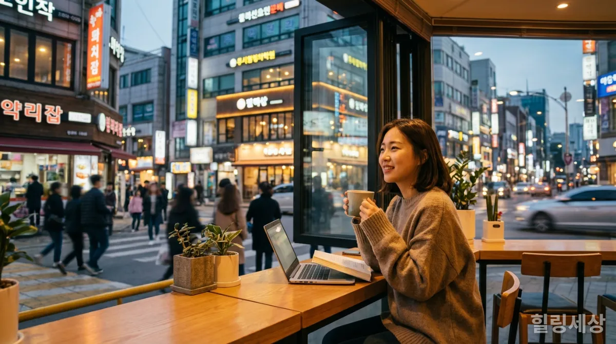 도심 속 이색 카페에서 휴식을 취하는 한국 여성