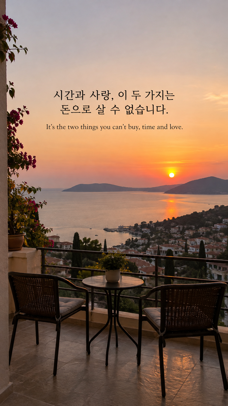 해질녘 두 개의 빈 의자가 놓인 발코니에 돈으로 살 수 없는 것에 관한 워렌 버핏 명언이 적힌 이미지