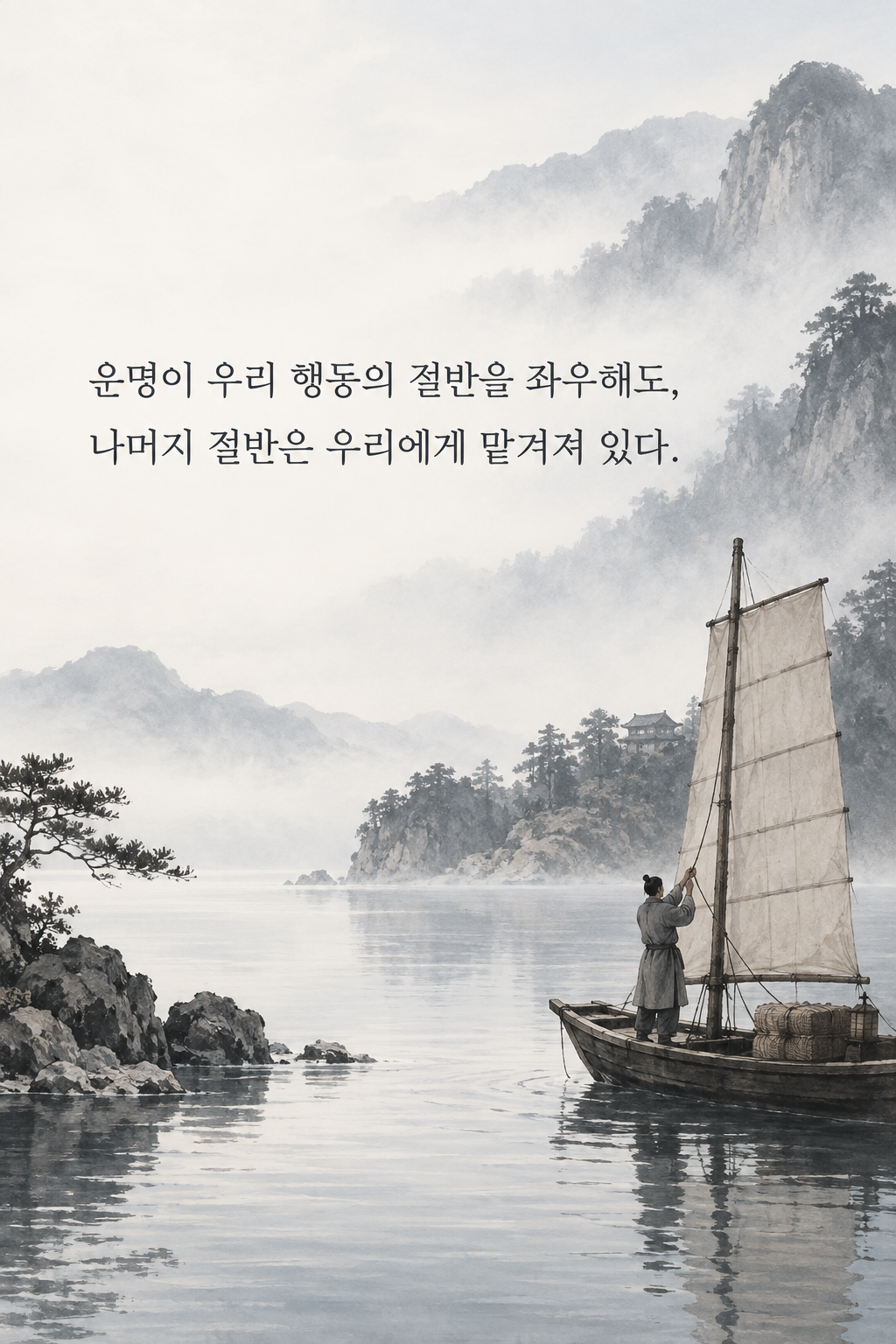 운명이 우리 행동의 절반을 좌우해도, 나머지 절반은 우리에게 맡겨져 있다. 문구가 담긴 세로형 이미지