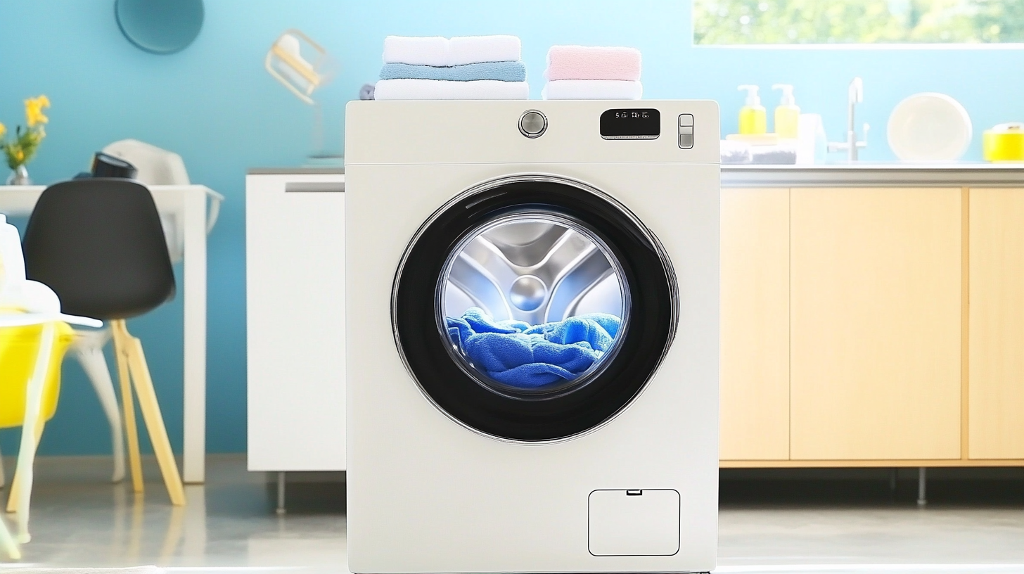 고급스러운 디자인의 삼성 16kg 대용량 세탁기, 듀얼 DD 모터가 장착된 최신 세탁기, 현대적 세탁실 배경과 부드러운 조명