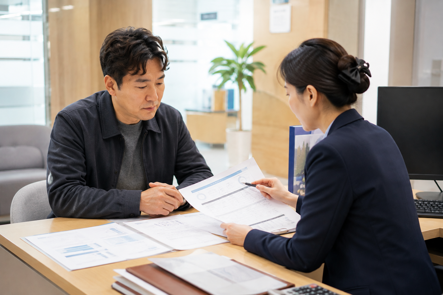 소상공인 정책자금 대리대출 거절 사유를 은행 담당자와 확인하는 장면