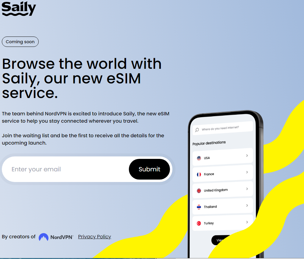 NordVPN이 개발 중인 새로운 글로벌 eSIM 서비스 &#39;Saily&#39;(공식 홈페이지 메인)