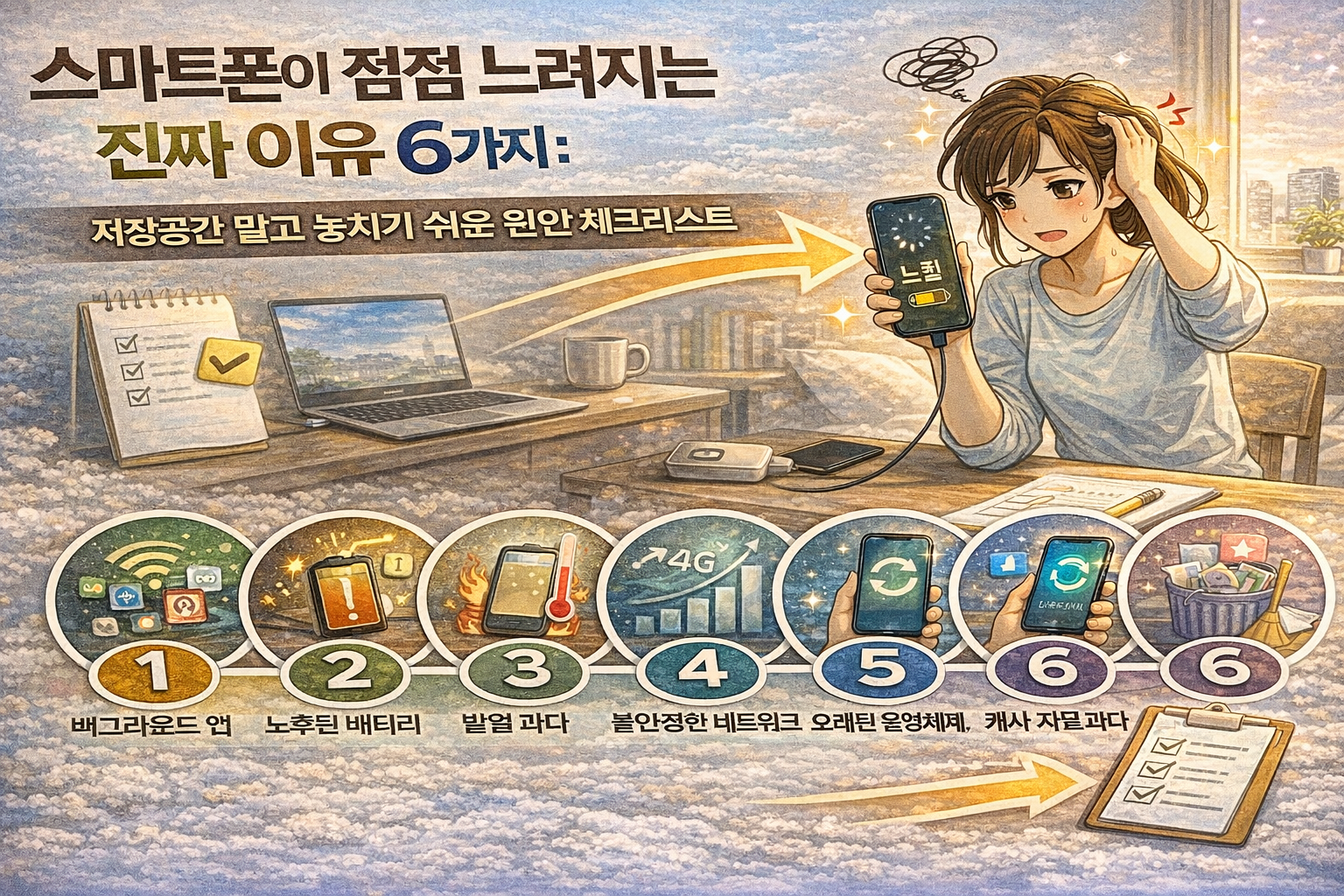스마트폰이 점점 느려지는 6가지 진짜 이유를 보여주는 일러스트, 저장공간 외에 배터리 노후&middot;백그라운드 앱&middot;발열&middot;네트워크 문제를 체크리스트로 표현