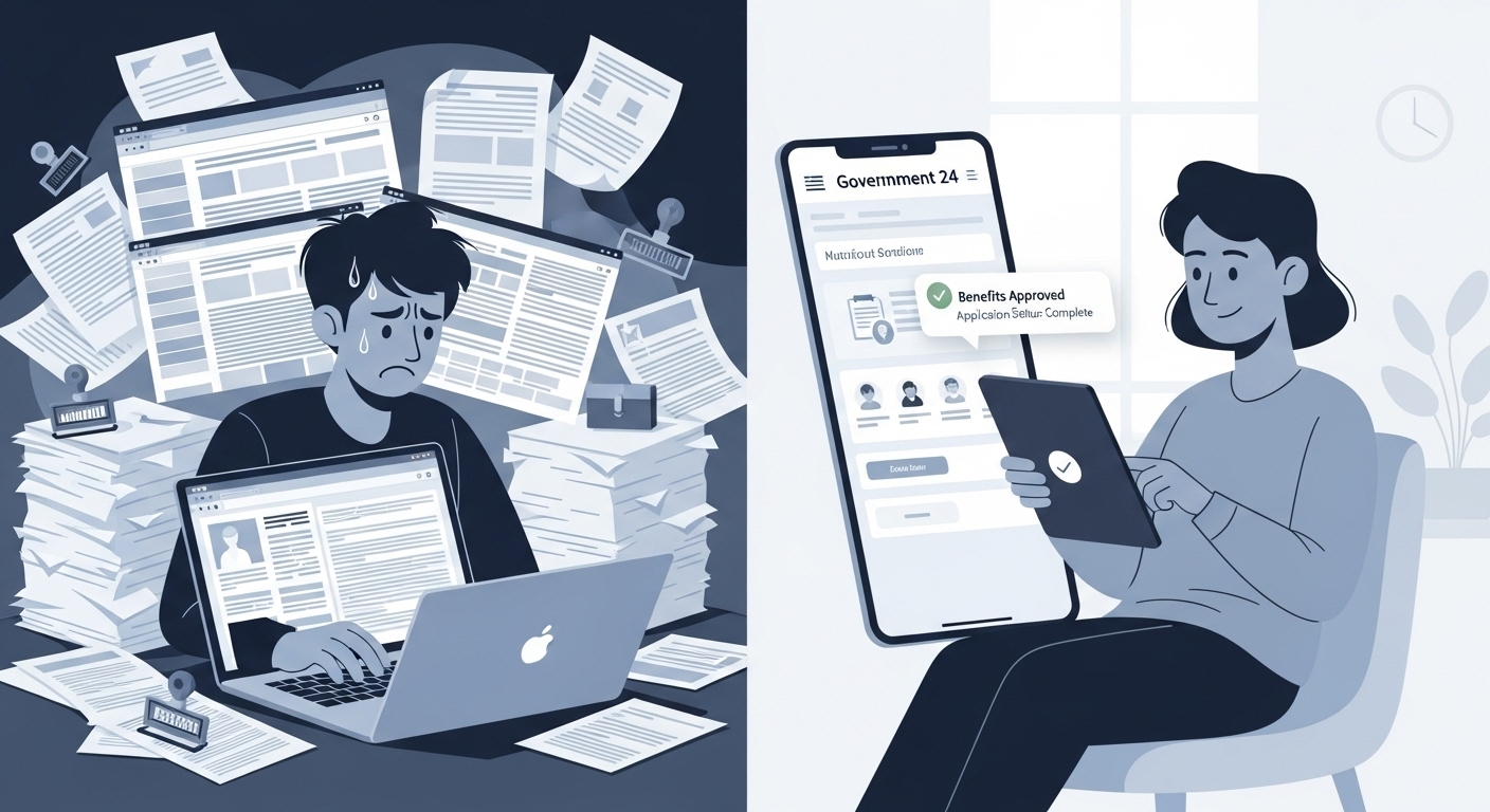 복잡한 서류 속에서 힘들어하던 사람이 혜택알리미 앱으로 쉽고 편리하게 정부 지원금을 확인하는 모습.