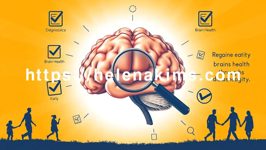 밝은 배경 위에 인간 뇌의 정교한 그래픽 아트가 중앙에 있고, 주변에는 체크리스트 아이콘과 의료진이 환자 또는 보호자와 손을 맞잡는 희망적인 이미지.