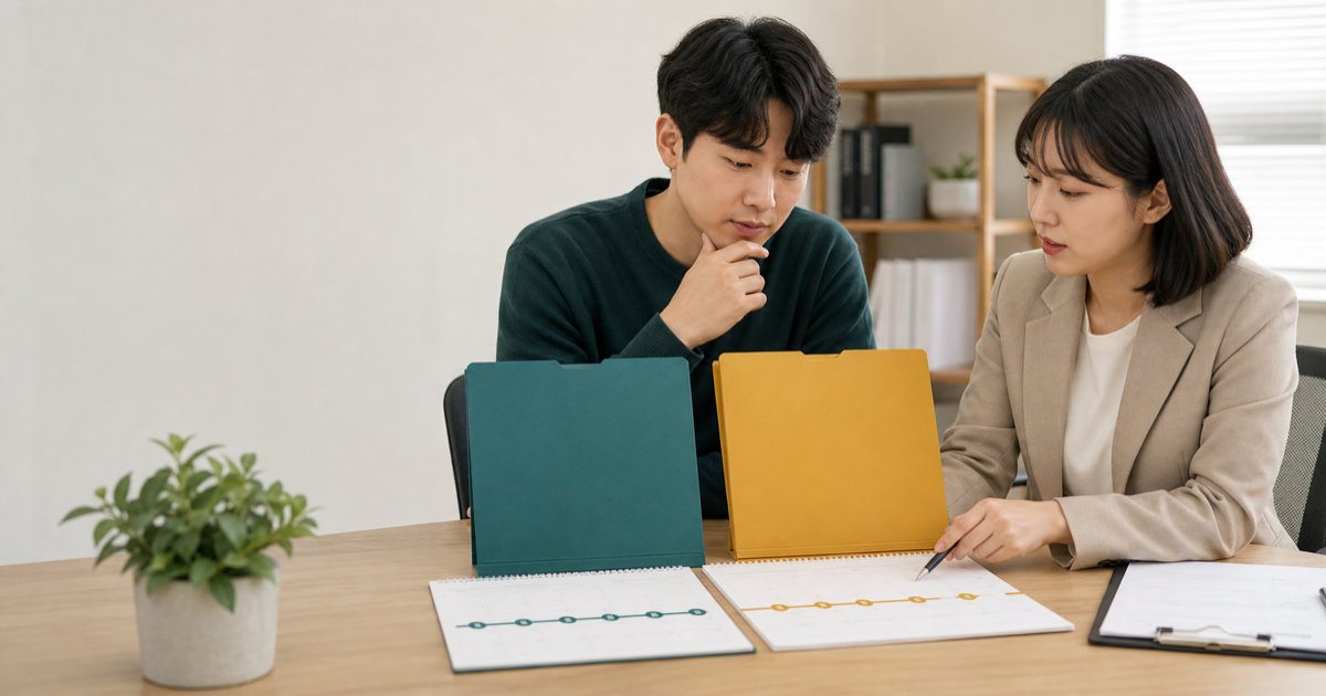 구직자가 실업급여와 국민취업지원제도 신청서를 두 갈래로 비교하는 장면