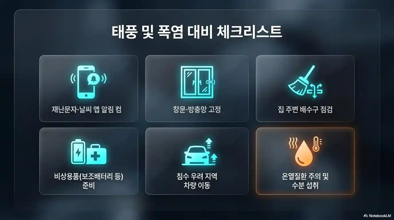 태풍 및 폭염을 대비할 수 있는 체크리스트를 표기한 이미지