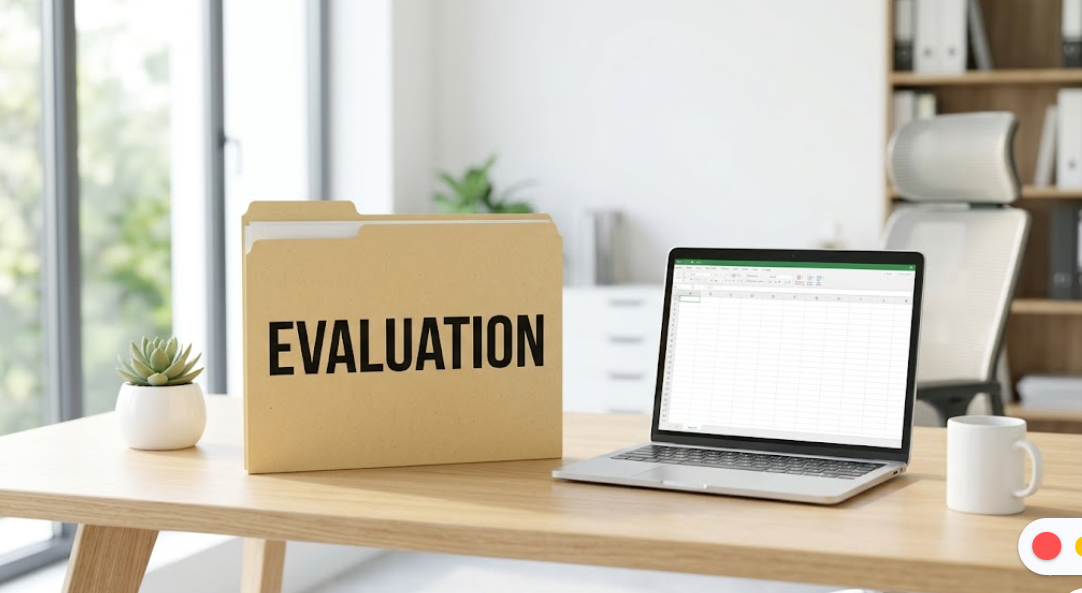 깔끔한 사무실 책상 위 노트북과 'Evaluation'이라고 적힌 서류