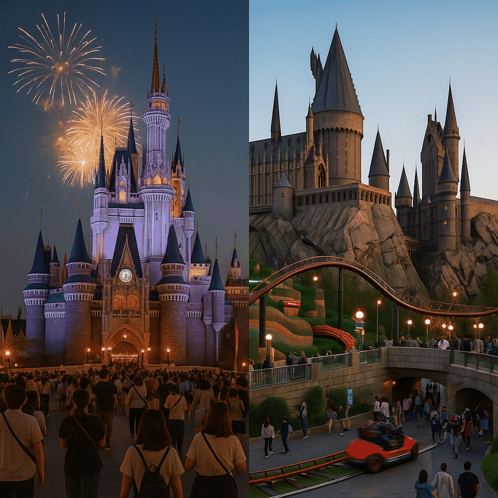 왼쪽에는 불꽃놀이로 빛나는 디즈니랜드 신데렐라 성이, 오른쪽에는 호그와트 성과 마리오카트 롤러코스터가 어우러진 유니버설 스튜디오 풍경이 나란히 펼쳐진 장면