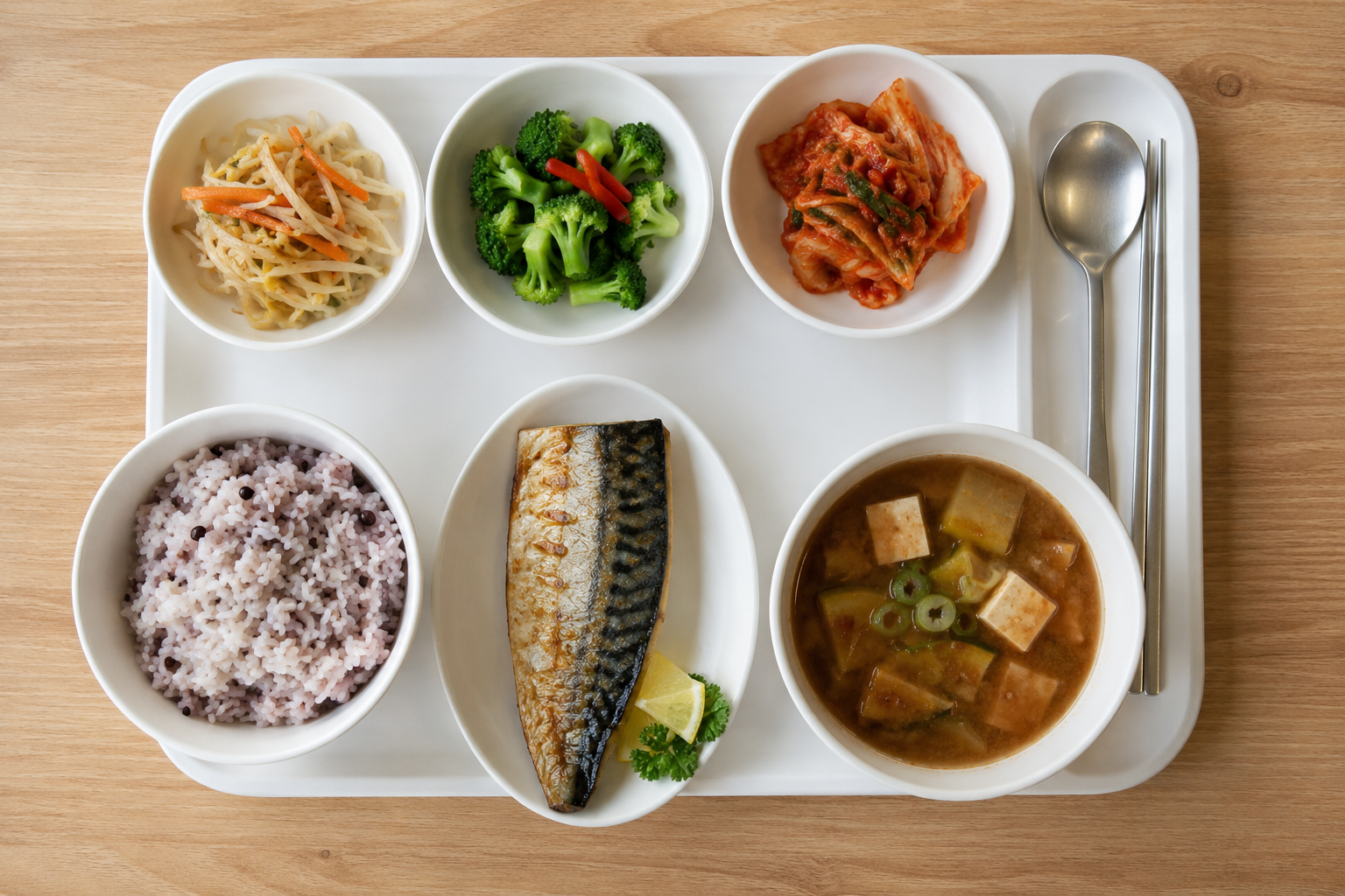 잡곡밥과 채소 반찬으로 구성한 균형 잡힌 당뇨 식판