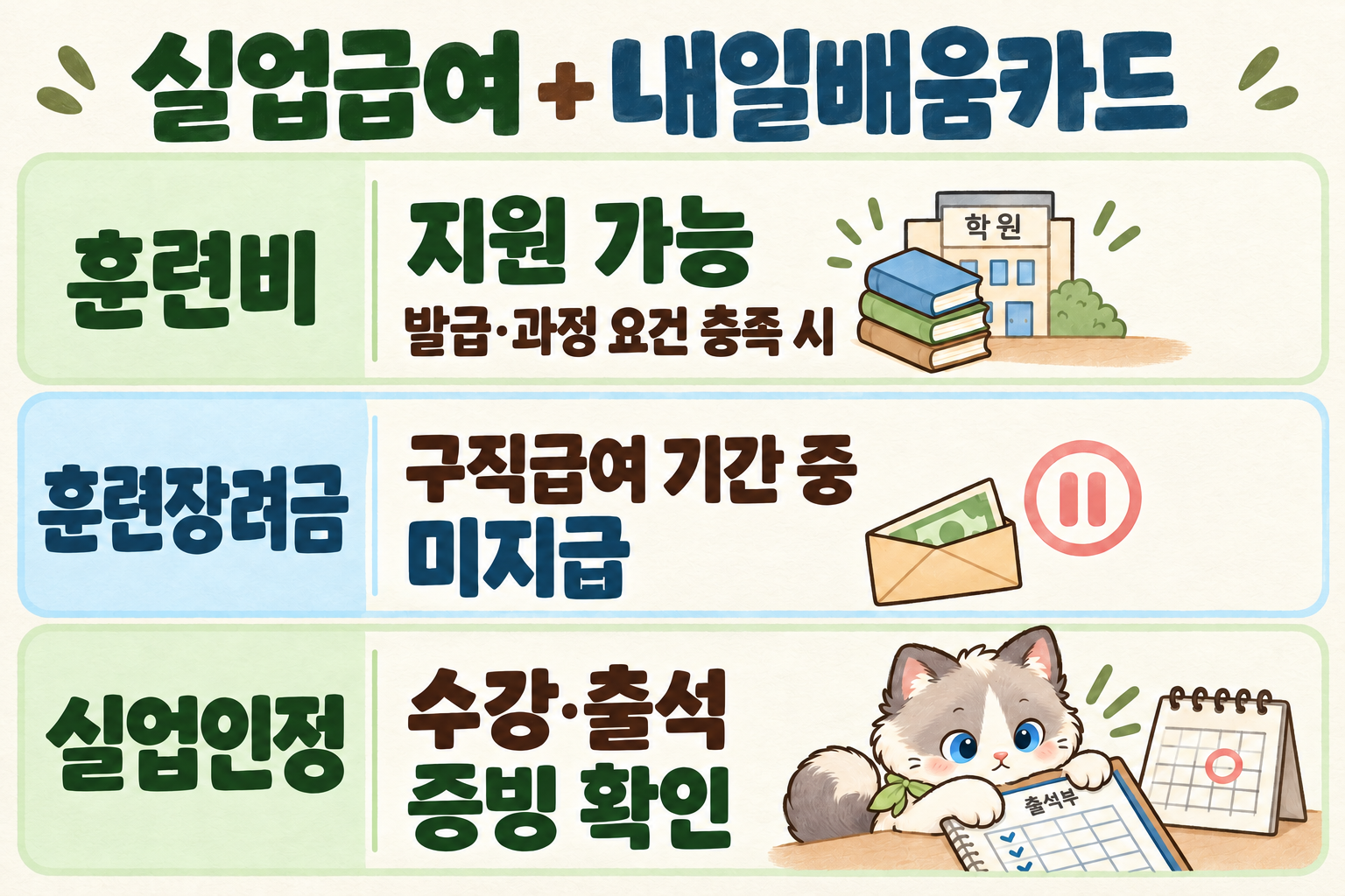 훈련비 지원 가능, 구직급여 기간 중 훈련장려금 미지급, 수강·출석 증빙을 통한 실업인정을 세 행으로 구분한다. 코미가 출석부와 실업인정일 달력을 대조한다.