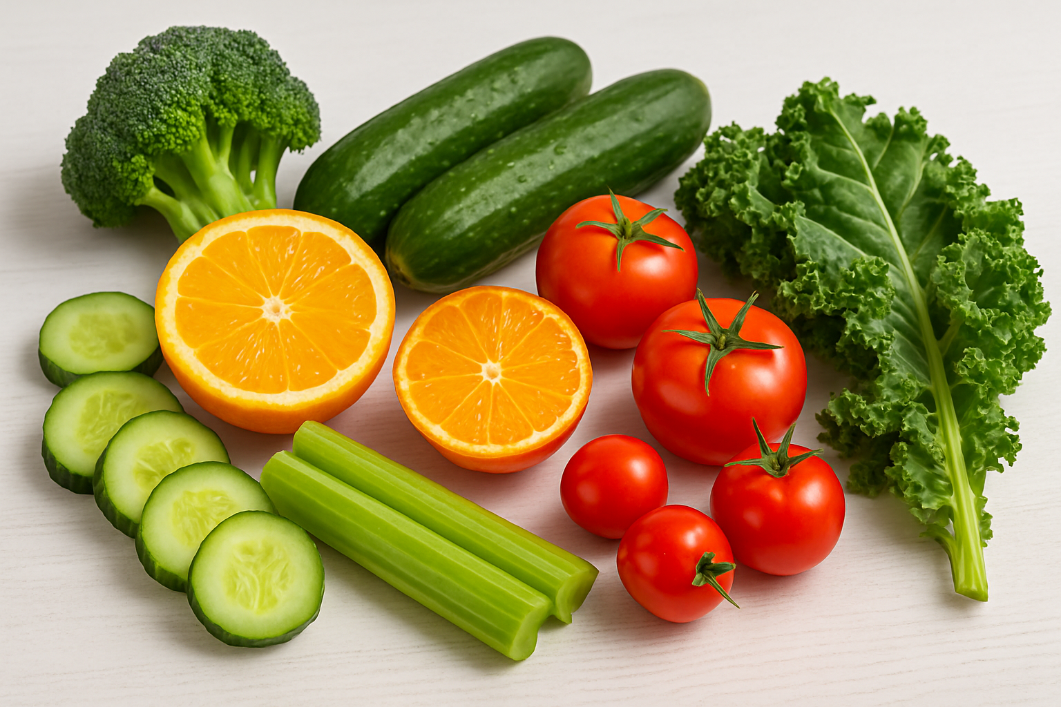 밝은 흰색 배경 위에 브로콜리, 오렌지, 오이, 셀러리, 케일, 방울토마토가 신선하게 배치된 과일과 채소 모음