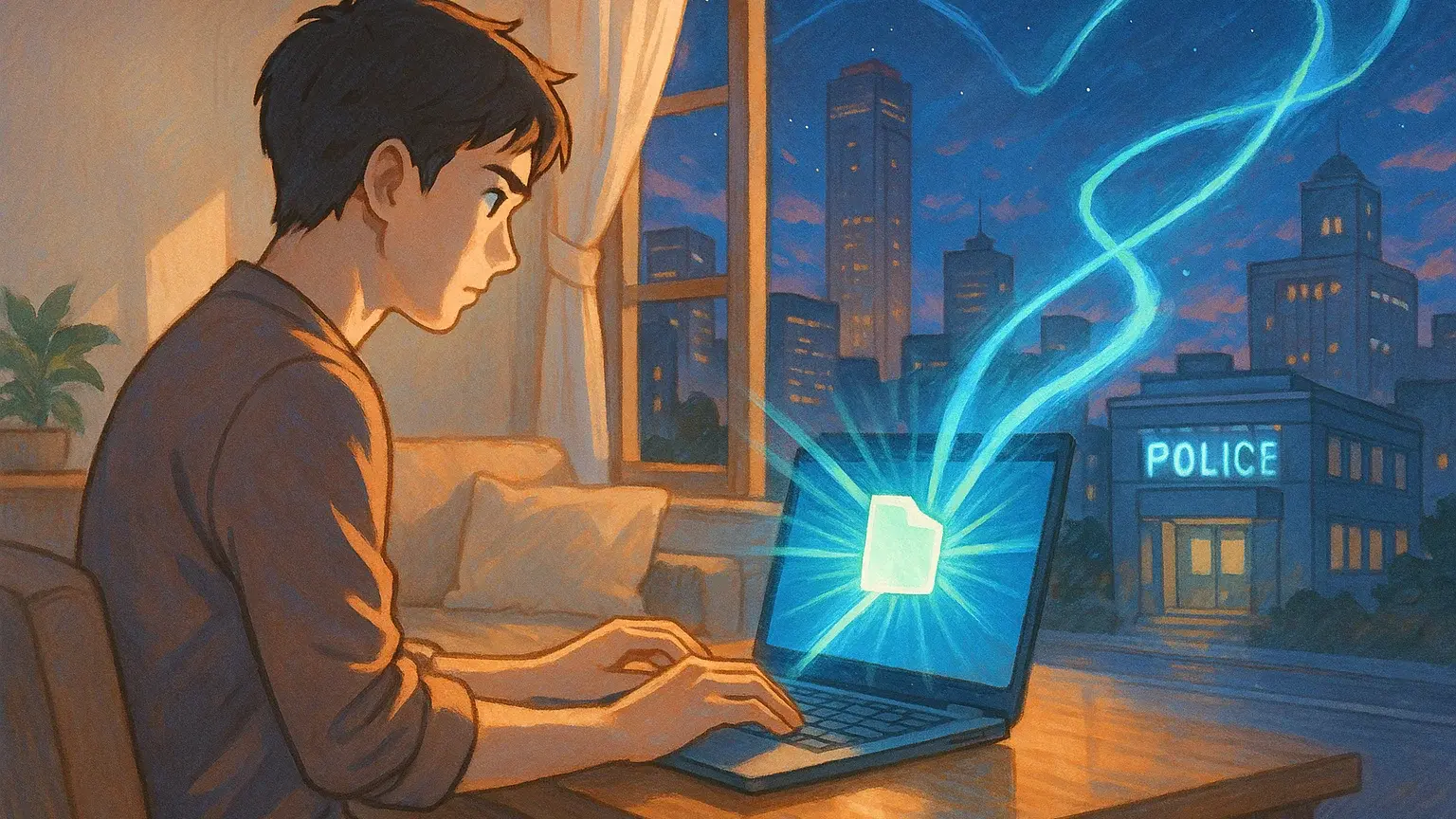 한 사람이 집 안의 편안한 책상에 앉아 노트북으로 문서를 작성하고, 그 문서가 빛의 선이 되어 경찰서 건물로 날아가는 이미지. 시공간 제약 없이 권리를 행사하는 모습을 상징