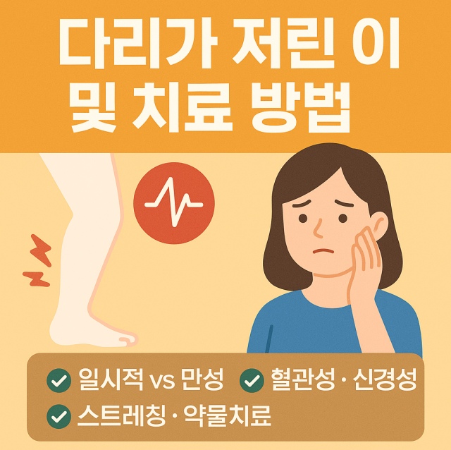 다리가 저린 이유 및 치료 방법을 설명하는 대표 이미지로, 원인별 진료과 선택과 생활 속 관리 팁을 함께 강조한 구성 이미지 입니다