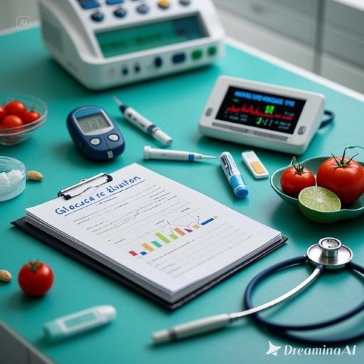 현대적인 의료 연구실에서 혈당측정기와 그래프 차트들이 놓인 책상 위에 '글루코스 혁명' 책이 펼쳐져 있고, 혈당 스파이크를 보여주는 디지털 모니터와 건강한 식재료들이 함께 배치된 과학적이고 신뢰감 있는 헬스케어 이미지