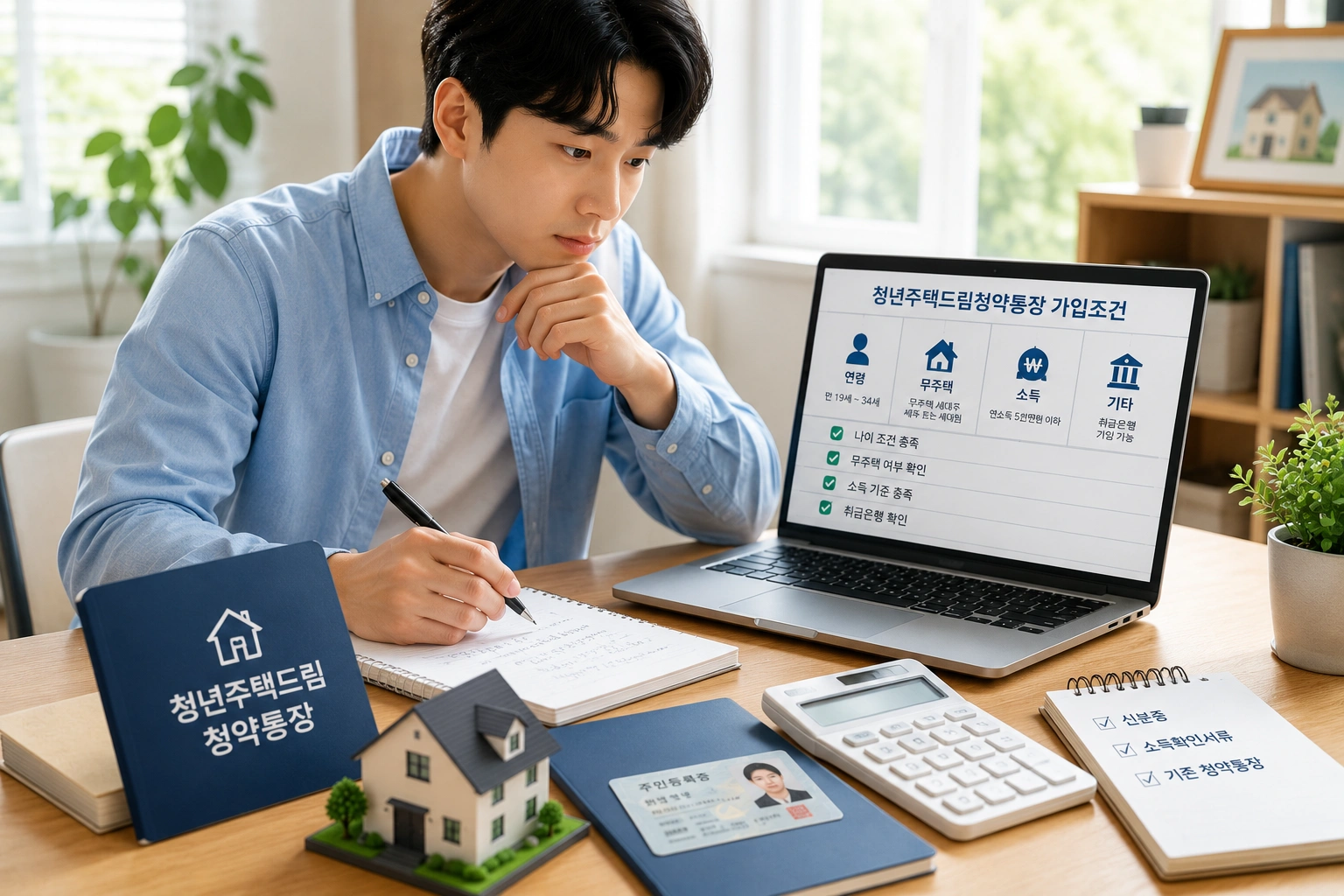 청년주택드림청약통장 가입조건을 확인하며 자격 요건과 준비사항을 검토하는 한국인 청년의 모습