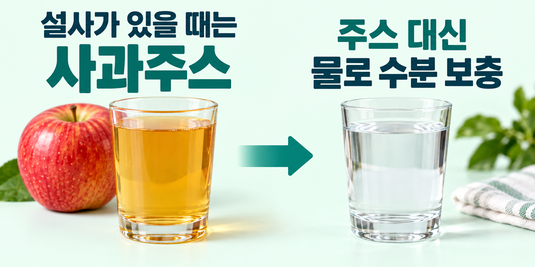 사과주스 실사 비교. 설사가 있을 때: 사과주스 250mL 한 잔; 수분 보충: 주스 대신 물