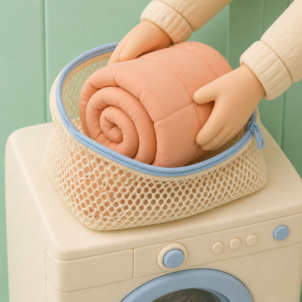 큰 세탁망에 돌돌 말린 이불을 넣는 장면