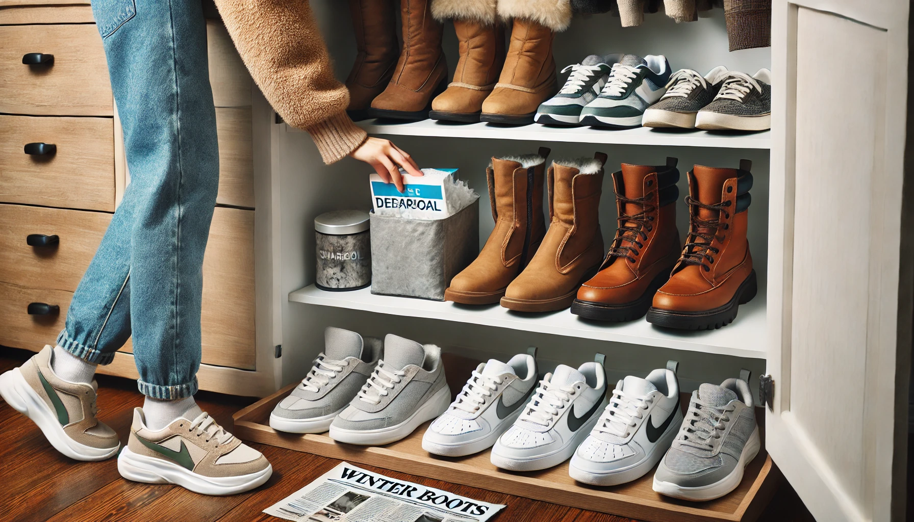 겨울 신발을 정리하고 숯/신문지 등 탈취제를 활용하는 장면