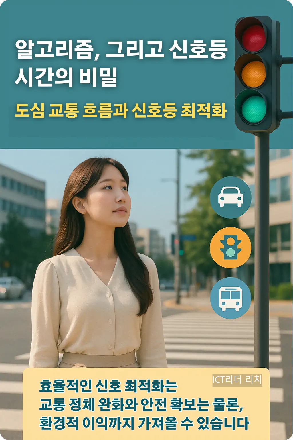 도심 교통 흐름과 신호등 최적화 알고리즘을 설명하는 인포그래픽 &ndash; 횡단보도 앞에서 신호등을 바라보는 20대 여성