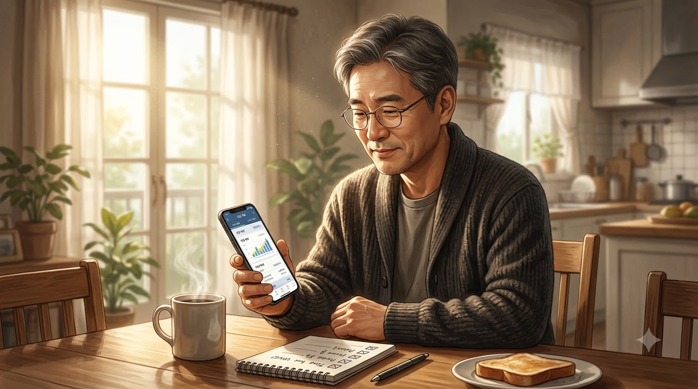 아침 식탁에서 커피를 옆에 두고 차분하게 휴대폰 연금계좌 화면을 보는 50대 남성, 메모지에 체크 표시