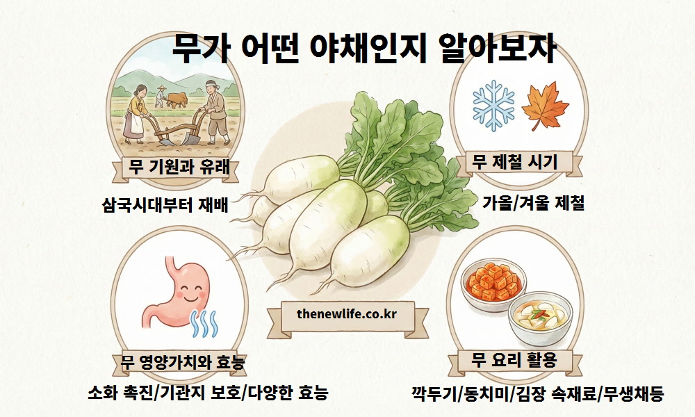 무 효능의 기원, 제철, 영양성분, 요리 활용법을 정리한 한글 인포그래픽 이미지