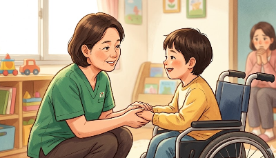 장애아와 장애인활동지원사와 함께 즐거운 모습 이미지