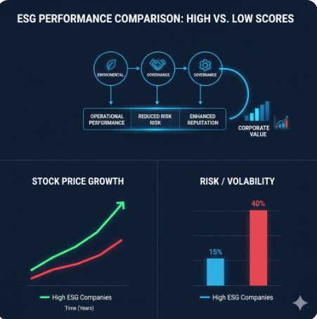 ESG 요소(환경, 사회, 지배구조)가 기업 가치와 주가에 미치는 영향을 설명하는 다이어그램
